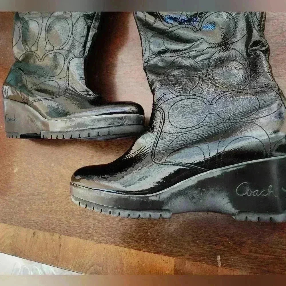 Coach Ceejay Black Patent Leather Wedge Boots Size 9 W/ Original Box Logo Stitch - Picture 3 of 8